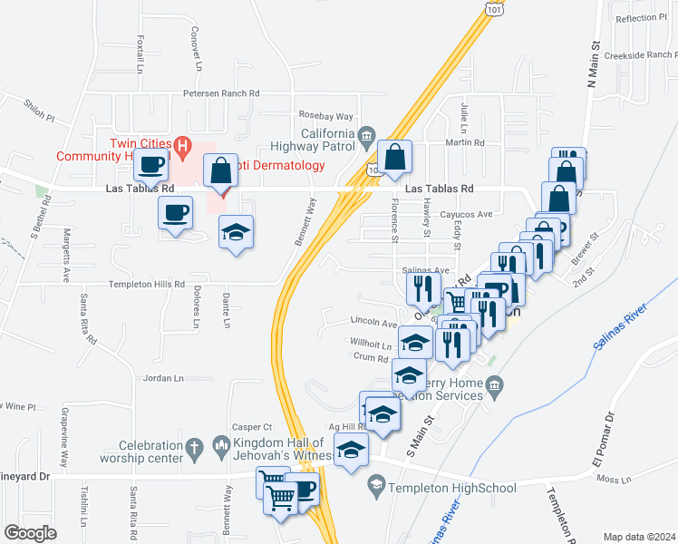 map of restaurants, bars, coffee shops, grocery stores, and more near 875 Salinas Avenue in Templeton