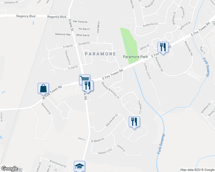 map of restaurants, bars, coffee shops, grocery stores, and more near 109 Winding Branches Drive in Winterville
