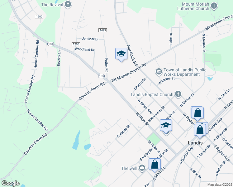 map of restaurants, bars, coffee shops, grocery stores, and more near 711 West Rice Street in Landis