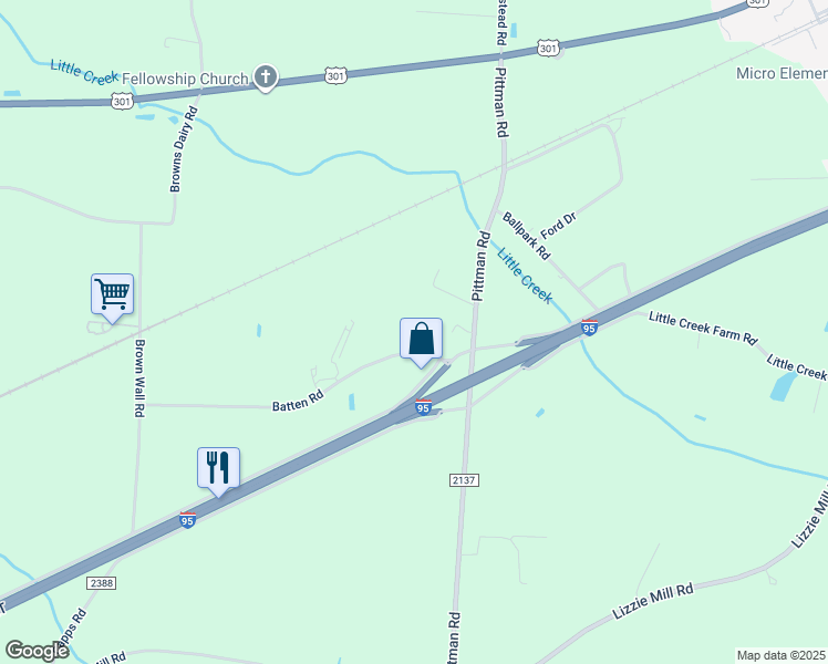 map of restaurants, bars, coffee shops, grocery stores, and more near 335 Batten Road in Selma