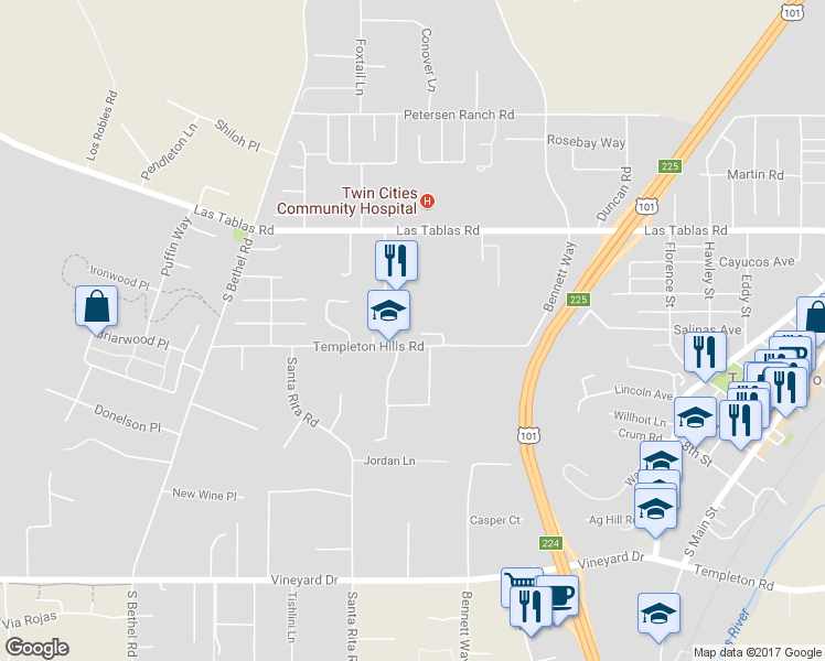 map of restaurants, bars, coffee shops, grocery stores, and more near 1150 Megan Court in Templeton