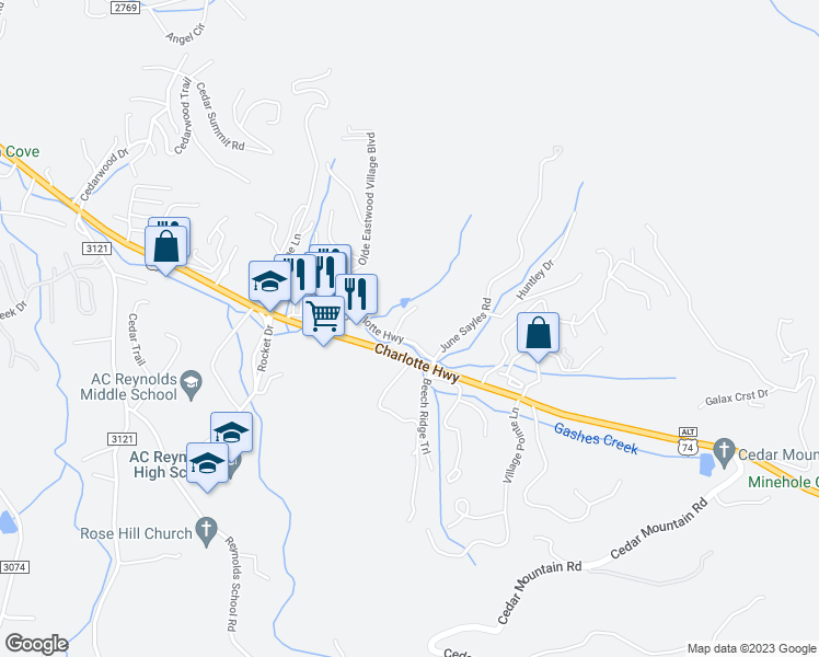 map of restaurants, bars, coffee shops, grocery stores, and more near 107 Old Charlotte Highway in Asheville