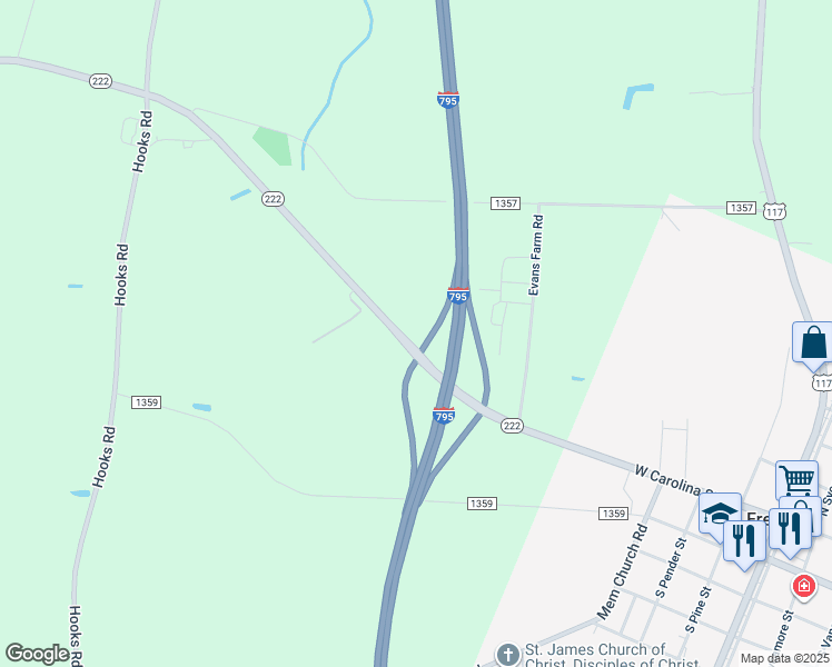map of restaurants, bars, coffee shops, grocery stores, and more near North Carolina 222 in Fremont