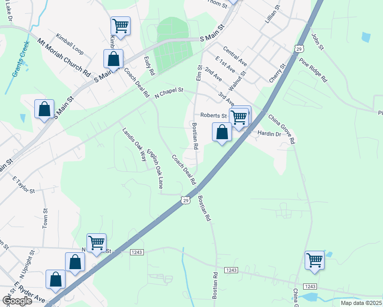map of restaurants, bars, coffee shops, grocery stores, and more near 755 Bostian Road in China Grove