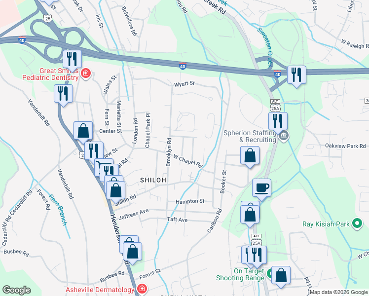 map of restaurants, bars, coffee shops, grocery stores, and more near 9 Brad Street in Asheville