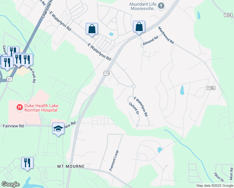 map of restaurants, bars, coffee shops, grocery stores, and more near 124 Alexandria Drive in Mooresville