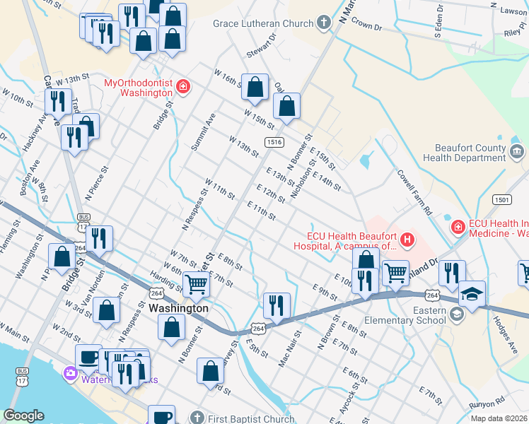 map of restaurants, bars, coffee shops, grocery stores, and more near 199 East 11th Street in Washington