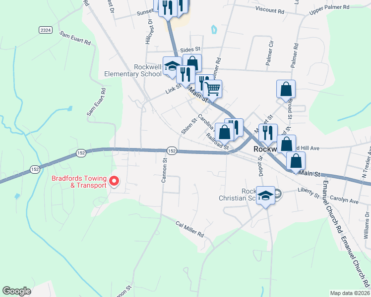 map of restaurants, bars, coffee shops, grocery stores, and more near 418 China Grove Highway in Rockwell
