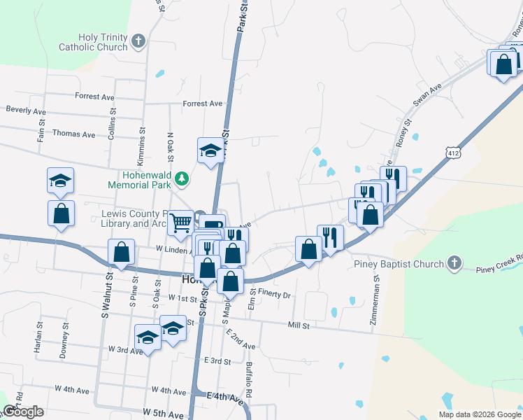 map of restaurants, bars, coffee shops, grocery stores, and more near 113 Swan Avenue in Hohenwald