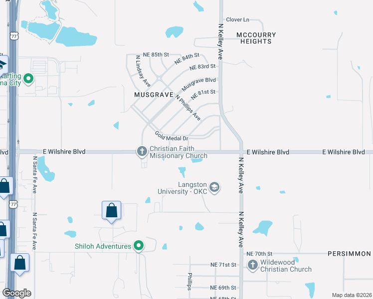 map of restaurants, bars, coffee shops, grocery stores, and more near 729 East Wilshire Boulevard in Oklahoma City