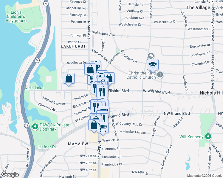 map of restaurants, bars, coffee shops, grocery stores, and more near 2821 West Wilshire Boulevard in Oklahoma City