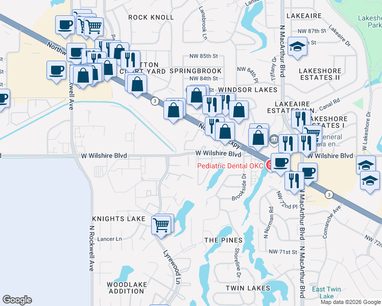 map of restaurants, bars, coffee shops, grocery stores, and more near 6540 West Wilshire Boulevard in Oklahoma City