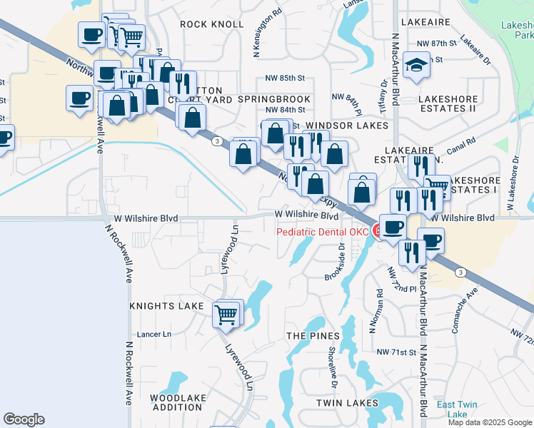 map of restaurants, bars, coffee shops, grocery stores, and more near 6540 West Wilshire Boulevard in Oklahoma City