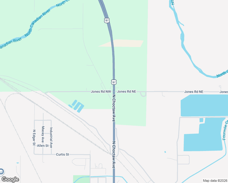 map of restaurants, bars, coffee shops, grocery stores, and more near 135 Jones Road Northeast in El Reno