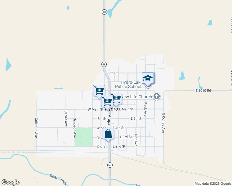 map of restaurants, bars, coffee shops, grocery stores, and more near 634 North Broadway Avenue in Hydro