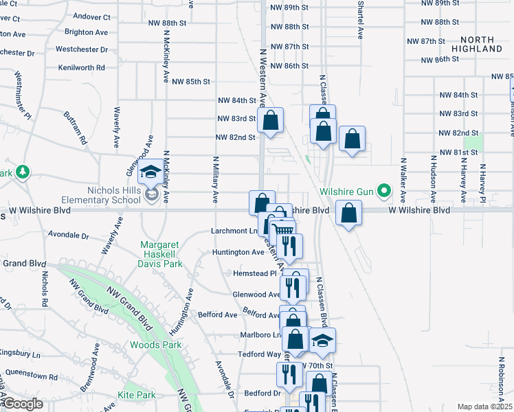 map of restaurants, bars, coffee shops, grocery stores, and more near 1101 West Wilshire Boulevard in Oklahoma City