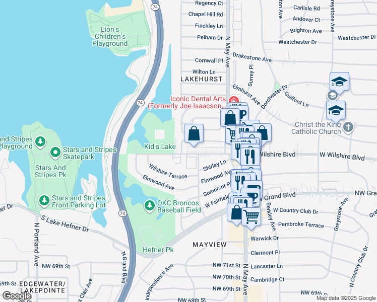 map of restaurants, bars, coffee shops, grocery stores, and more near 3127 West Wilshire Boulevard in Oklahoma City