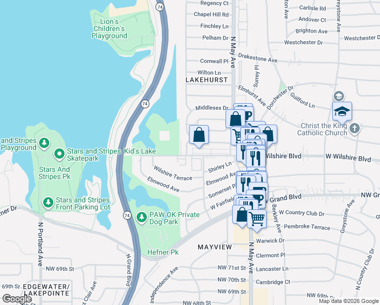 map of restaurants, bars, coffee shops, grocery stores, and more near 3127 West Wilshire Boulevard in Oklahoma City