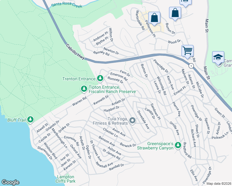 map of restaurants, bars, coffee shops, grocery stores, and more near Cowper Street in Cambria