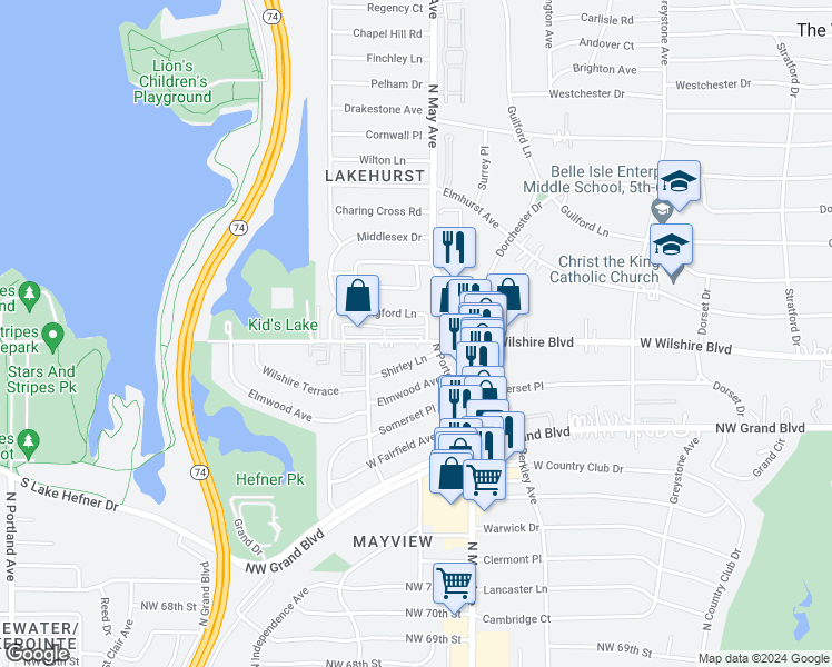 map of restaurants, bars, coffee shops, grocery stores, and more near 3009 West Wilshire Boulevard in Oklahoma City