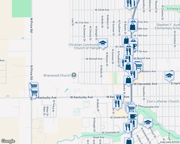 map of restaurants, bars, coffee shops, grocery stores, and more near 1400 Randy Matson Avenue in Pampa
