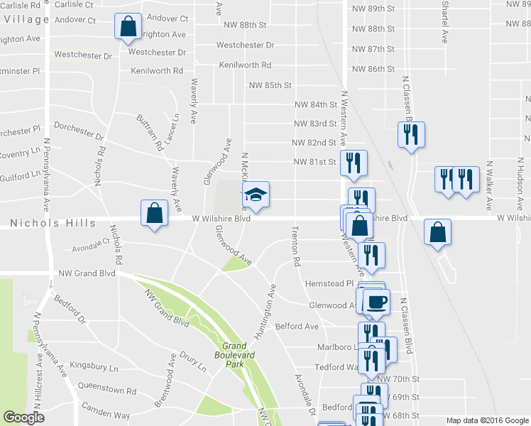 map of restaurants, bars, coffee shops, grocery stores, and more near 1231 West Wilshire Boulevard in Oklahoma City