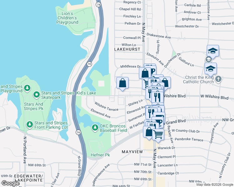 map of restaurants, bars, coffee shops, grocery stores, and more near 7904 Lakehurst Drive in Oklahoma City