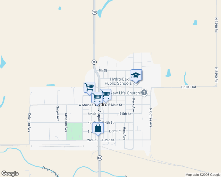 map of restaurants, bars, coffee shops, grocery stores, and more near 634 North Broadway Avenue in Hydro
