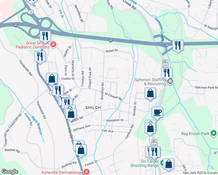 map of restaurants, bars, coffee shops, grocery stores, and more near 10 Brad Street in Asheville