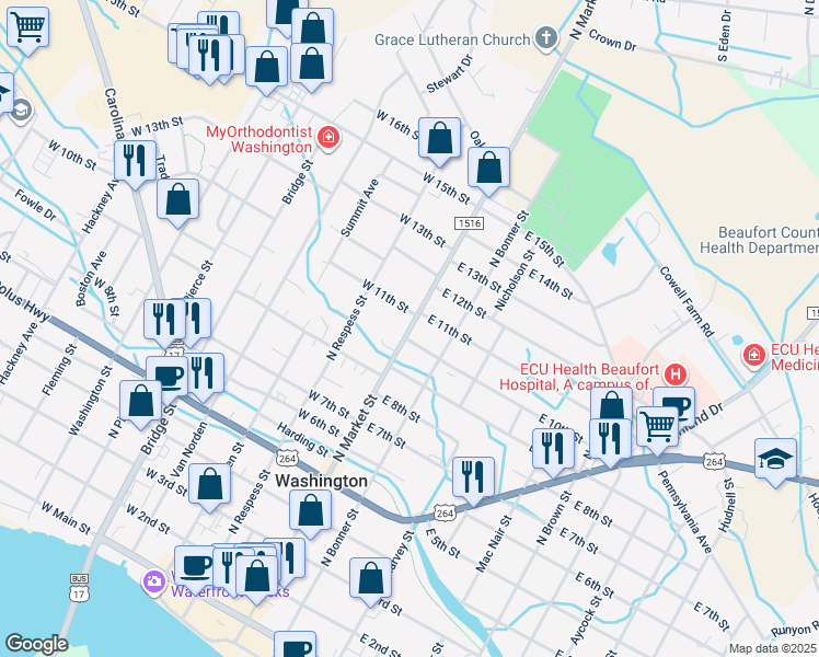 map of restaurants, bars, coffee shops, grocery stores, and more near 1040 North Market Street in Washington