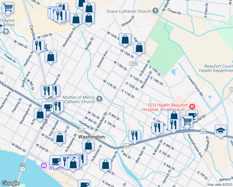 map of restaurants, bars, coffee shops, grocery stores, and more near 1040 North Market Street in Washington