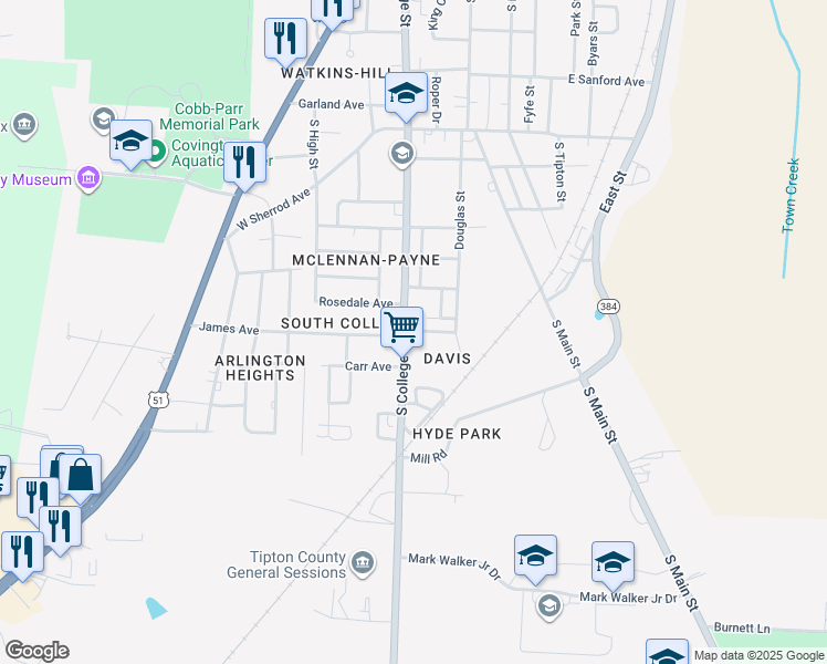 map of restaurants, bars, coffee shops, grocery stores, and more near 1325 South College Street in Covington