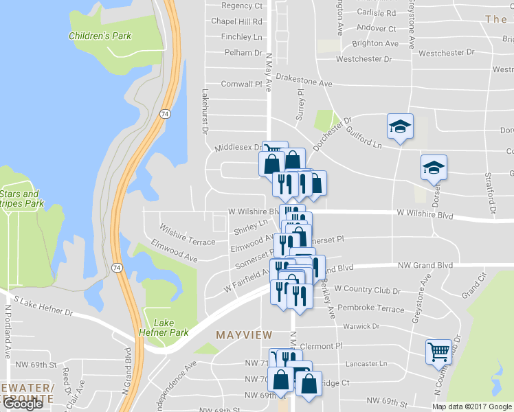 map of restaurants, bars, coffee shops, grocery stores, and more near 3001 West Wilshire Boulevard in Oklahoma City