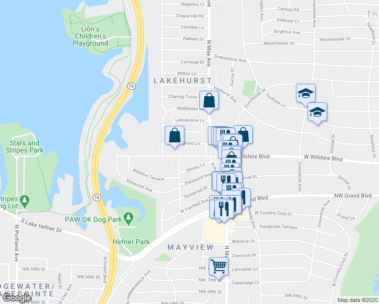 map of restaurants, bars, coffee shops, grocery stores, and more near 3047 West Wilshire Boulevard in Oklahoma City