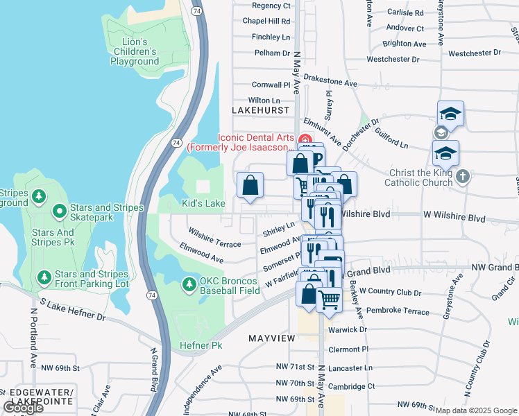 map of restaurants, bars, coffee shops, grocery stores, and more near 3047 West Wilshire Boulevard in Oklahoma City