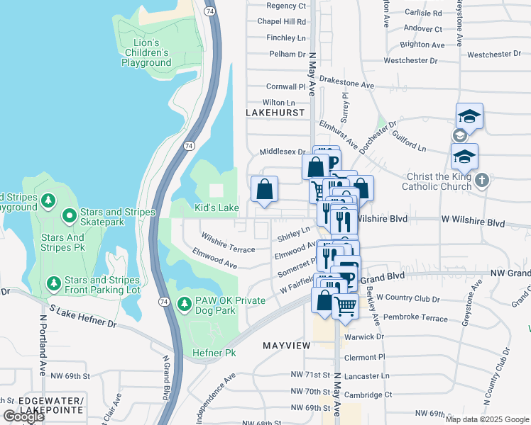 map of restaurants, bars, coffee shops, grocery stores, and more near 3127 West Wilshire Boulevard in Oklahoma City