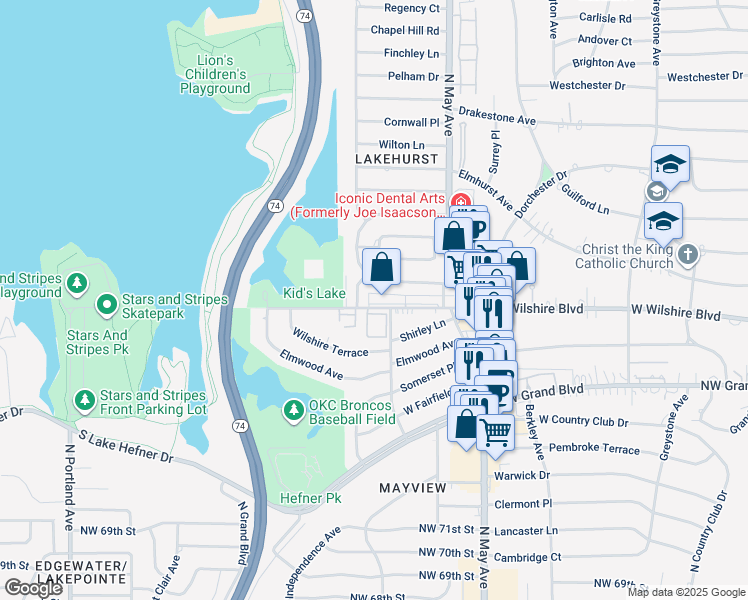 map of restaurants, bars, coffee shops, grocery stores, and more near 3127 West Wilshire Boulevard in Oklahoma City