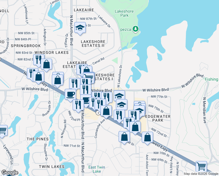 map of restaurants, bars, coffee shops, grocery stores, and more near 5713 West Wilshire Boulevard in Oklahoma City