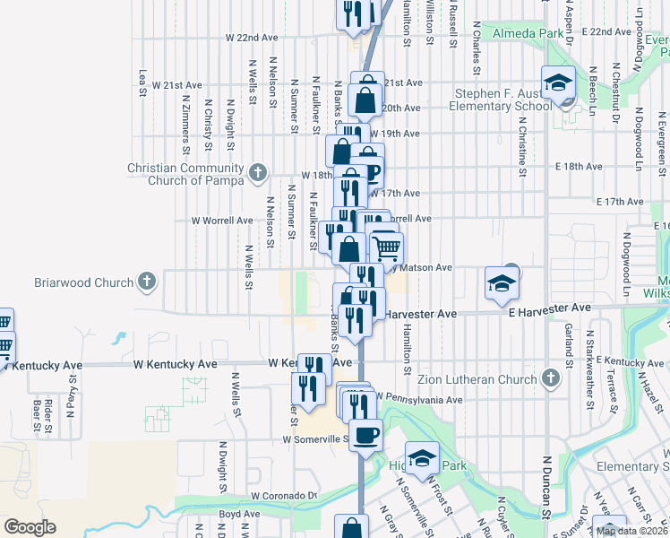 map of restaurants, bars, coffee shops, grocery stores, and more near Randy Matson Avenue in Pampa