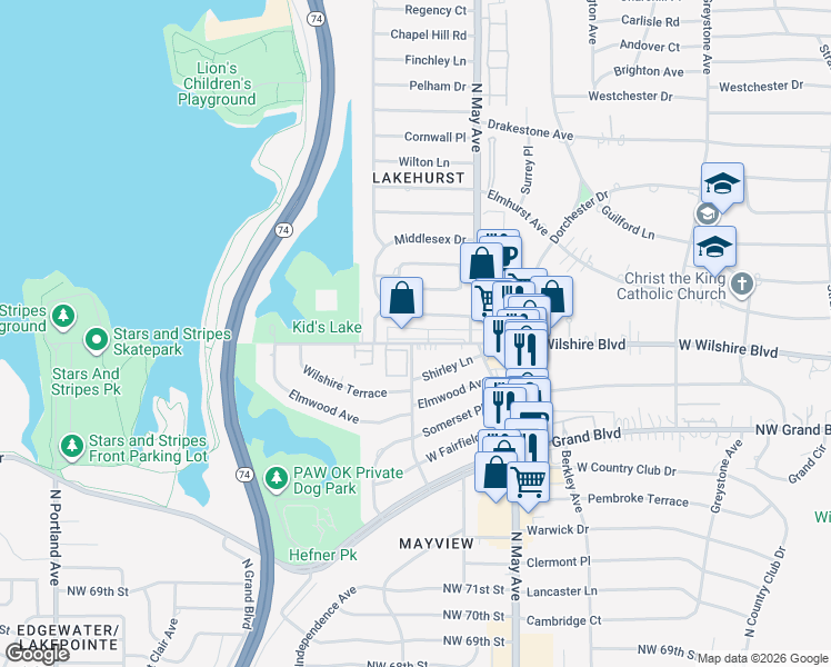 map of restaurants, bars, coffee shops, grocery stores, and more near 3047 West Wilshire Boulevard in Oklahoma City