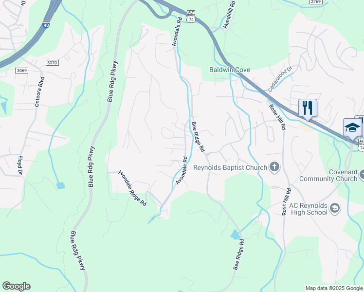 map of restaurants, bars, coffee shops, grocery stores, and more near 85 Avondale Road in Asheville