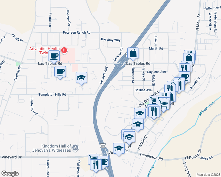 map of restaurants, bars, coffee shops, grocery stores, and more near 367 Lily Pad Lane in Templeton