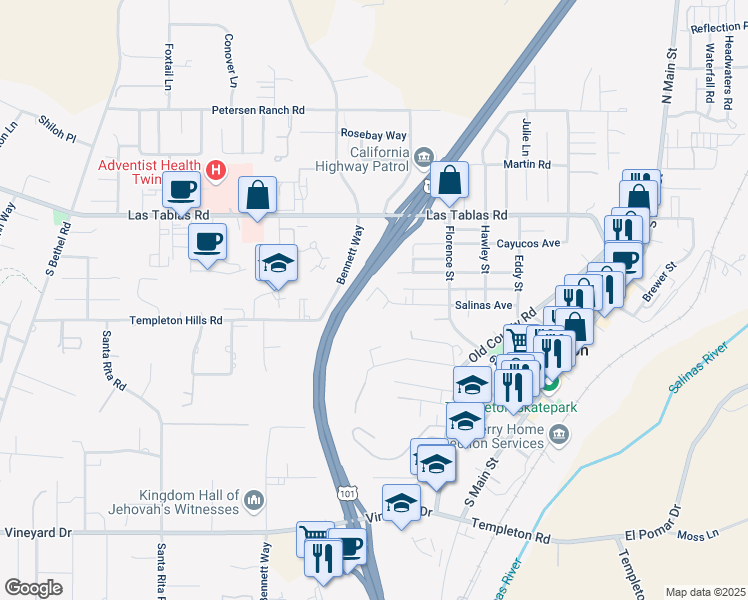 map of restaurants, bars, coffee shops, grocery stores, and more near 367 Lily Pad Lane in Templeton