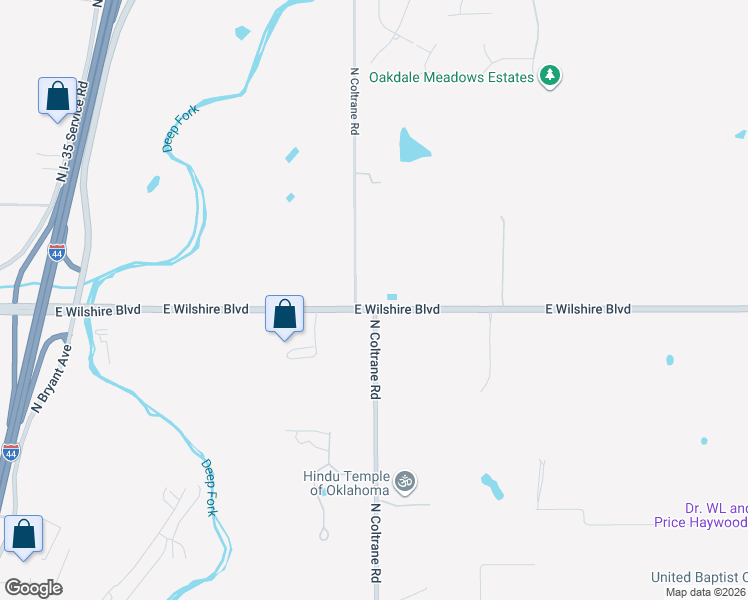 map of restaurants, bars, coffee shops, grocery stores, and more near 4301 East Wilshire Boulevard in Oklahoma City