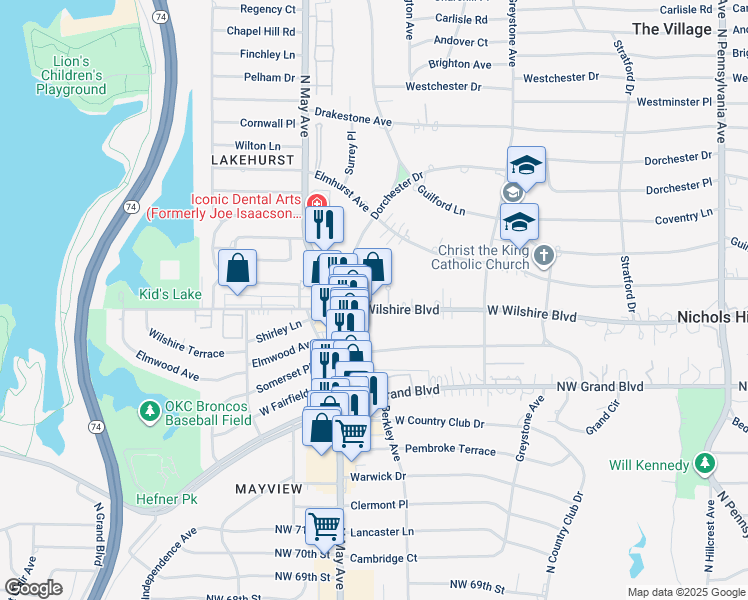 map of restaurants, bars, coffee shops, grocery stores, and more near 2821 West Wilshire Boulevard in Oklahoma City