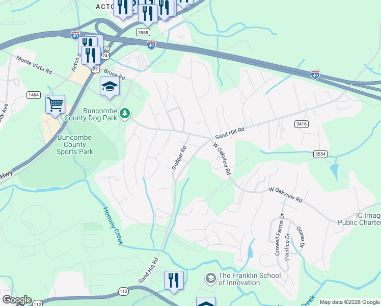 map of restaurants, bars, coffee shops, grocery stores, and more near 913 Sand Hill Road in Asheville