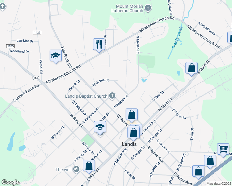 map of restaurants, bars, coffee shops, grocery stores, and more near 412 W Garden St in Landis