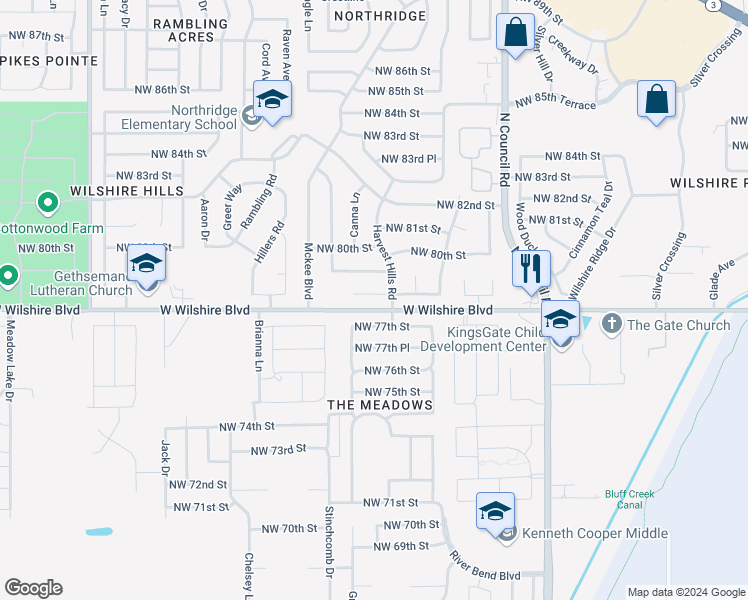 map of restaurants, bars, coffee shops, grocery stores, and more near 8210 Northwest 78th Terrace in Oklahoma City