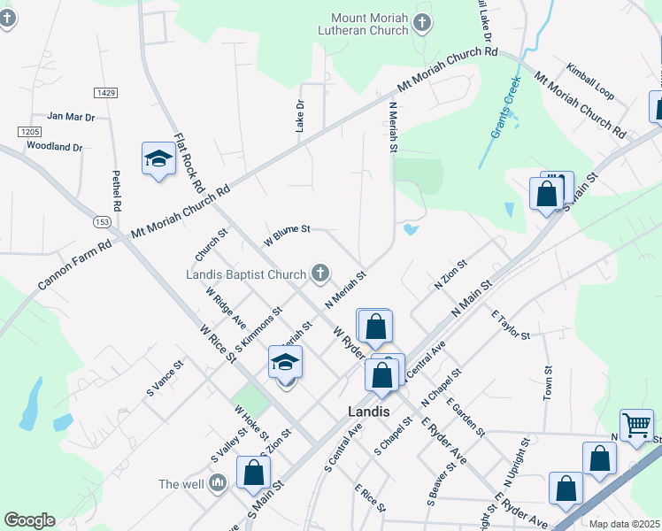 map of restaurants, bars, coffee shops, grocery stores, and more near 412 W Garden St in Landis