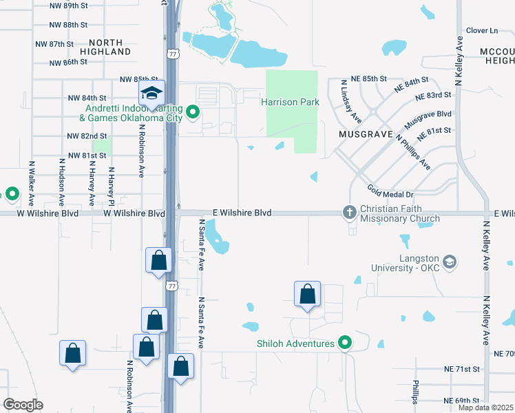 map of restaurants, bars, coffee shops, grocery stores, and more near 121 East Wilshire Boulevard in Oklahoma City